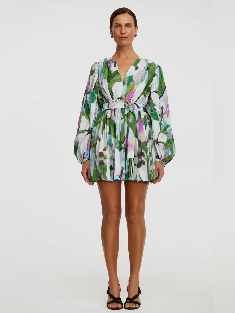 NWT Acler Roade Pleated Long Sleeve Floral Mini Dress AU 8 US 4